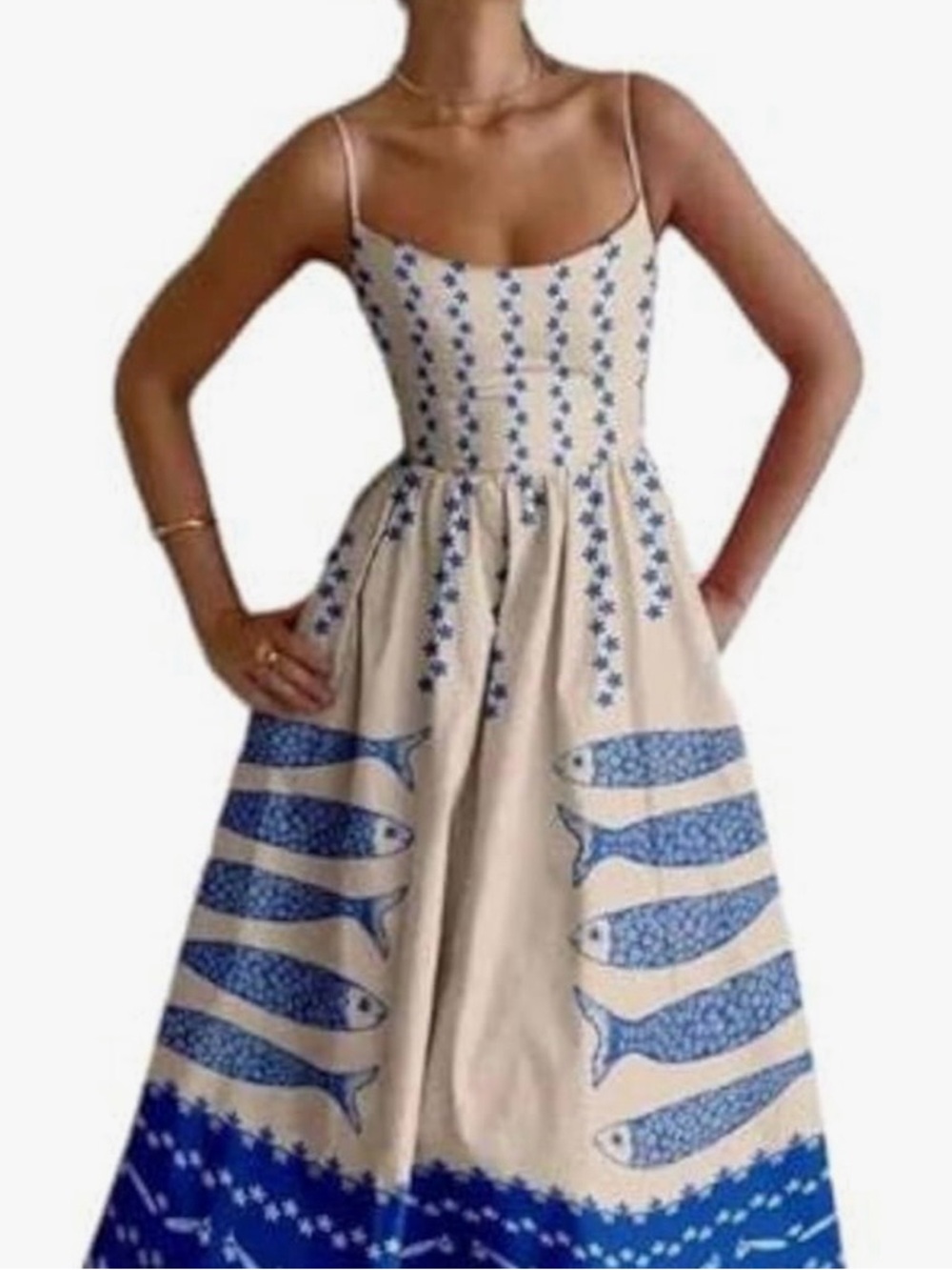Champagne and Blue Striped Fish-Print Summer Dress *Never worn!*